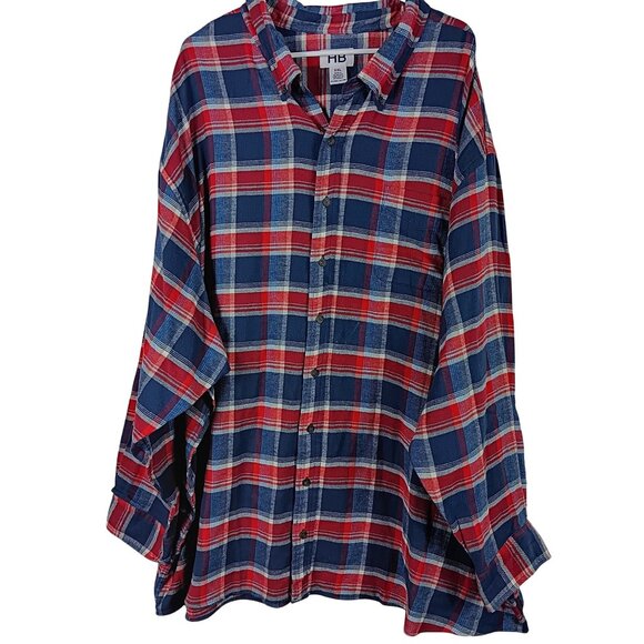 HB Harbor Bay Mens Red & Blue Plaid Flannel Button-Down Shirt 5XL 100% Cotton - Picture 1 of 6